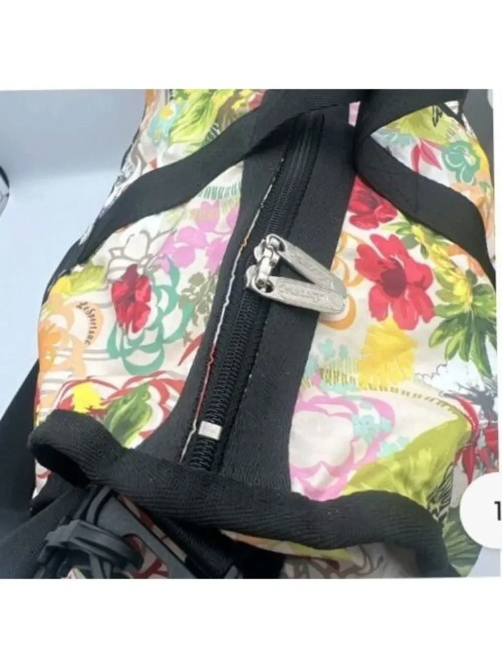 LeSportsac Large Floral Print Duffel Bag with Black Straps and Multiple Zippers